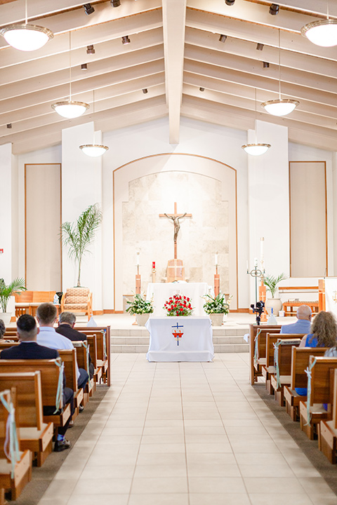  grey and dusty blue wedding with beachy touches - ceremony décor at the church 