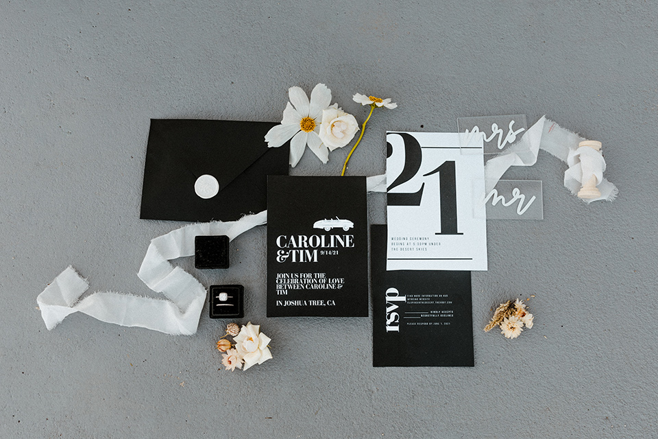  a dessert wedding in Joshua tree shown two ways: a modern black and white theme and a neutral gold and tan theme – invitations 