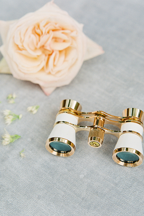  beach side wedding with the bride in a flowing lace gown and the groom in a white tuxedo - binoculars