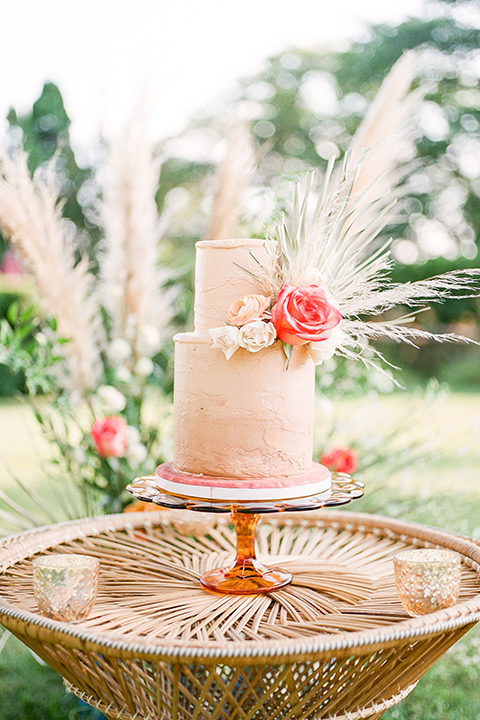 blush and burgundy wedding in the woods with the bride in a boho lace gown, the groom in a burgundy shawl tuxedo, and the bridesmaids in a dusty blush velvet gown – cake