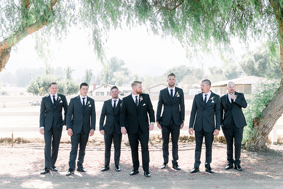  a lavender and black wedding in a garden – with the bride in a long sleeve lace gown and the groom in a black tuxedo – groomsmen