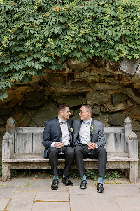  english garden wedding with blue and green touches – couple sitting on the bench