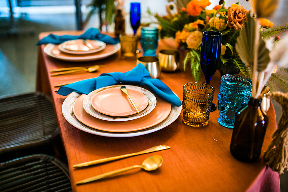  jewel toned wedding with the bride in a ballgown and the groom in a blue velvet tuxedo – tablescape