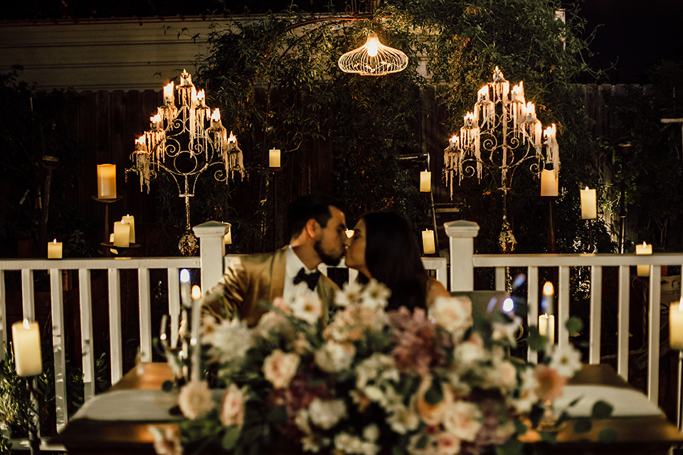  whimsical fairytale wedding with the groom in a gold velvet tuxedo – tables