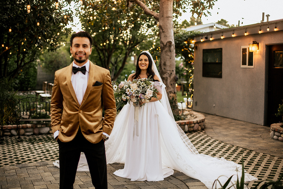  whimsical fairytale wedding with the groom in a gold velvet tuxedo – first look