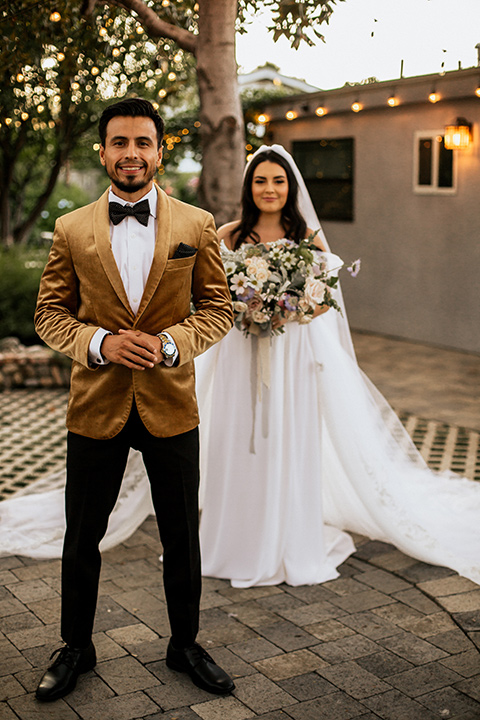  whimsical fairytale wedding with the groom in a gold velvet tuxedo – first look
