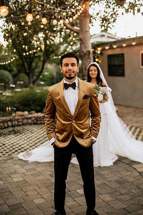  whimsical fairytale wedding with the groom in a gold velvet tuxedo – first look 