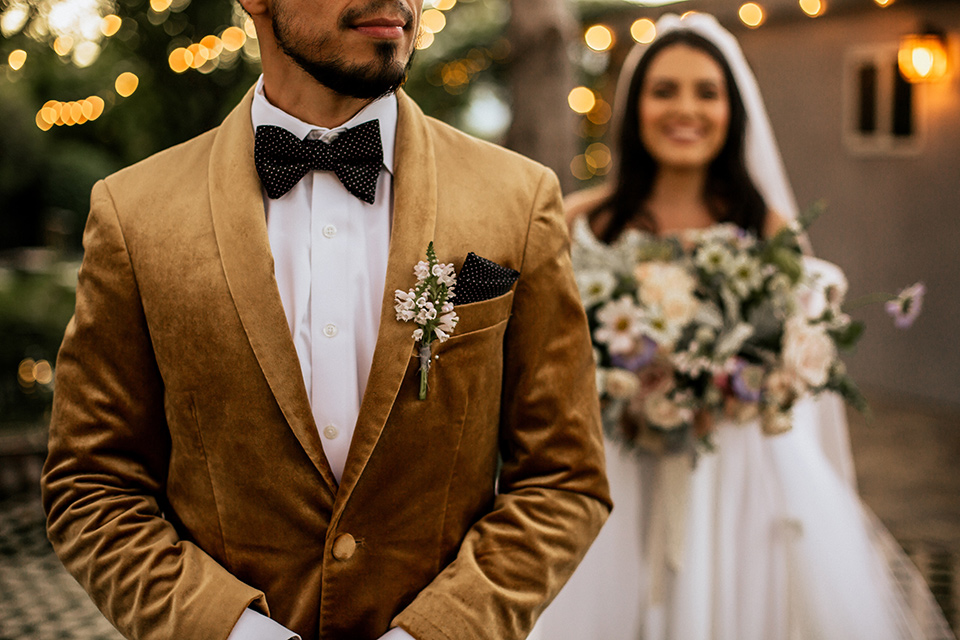  whimsical fairytale wedding with the groom in a gold velvet tuxedo – first look