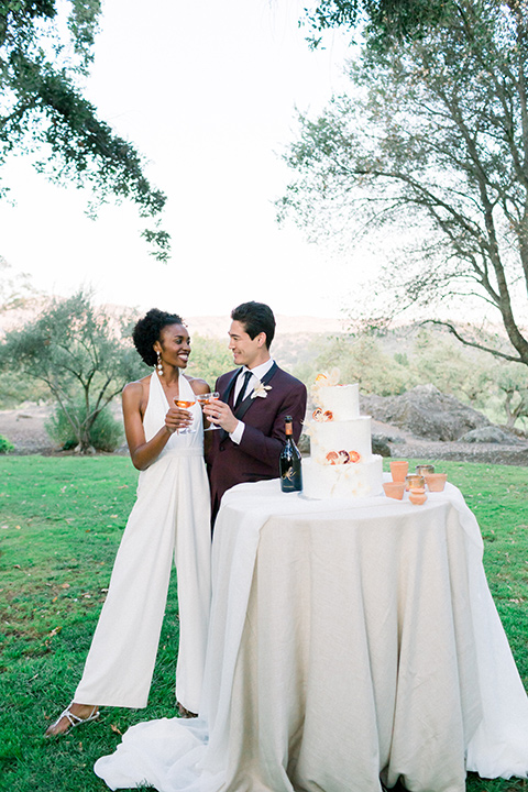  wine country wedding with the bride in a jumpsuit and the groom in a burgundy tux- cake