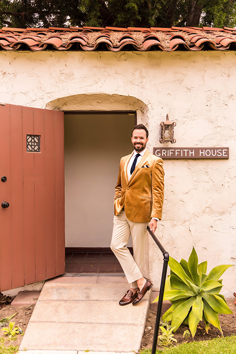  a California wedding with Spanish flare with the bride in a strapless gown and the groom in a gold velvet tux – groom 