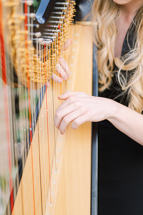  black and white modern wedding at the caramel mountain estate with the bride in a lace gown and the groom in a black velvet tuxedo –  close up on harpist 