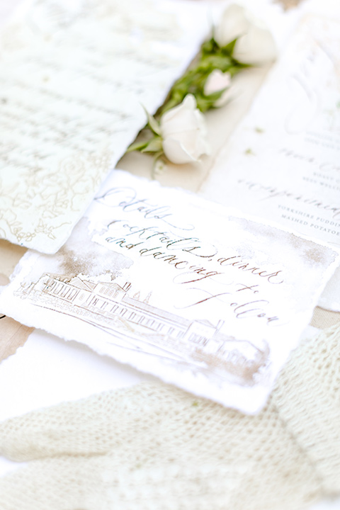  English garden romantic wedding with the bride in an off-the-shoulder gown and the groom in a tan suit – invitations 