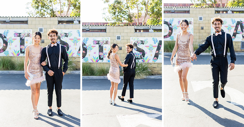  couple in black and pink styles walking to homecoming 