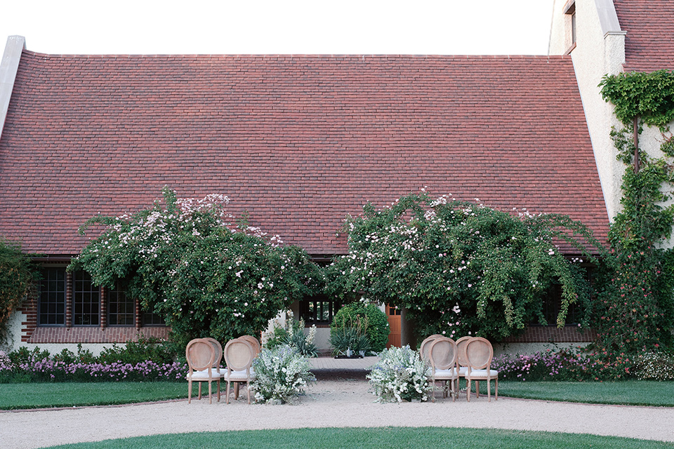  a dreamy garden wedding at Kestrel Park with the groom in a Navy Shawl tuxedo - ceremony space 
