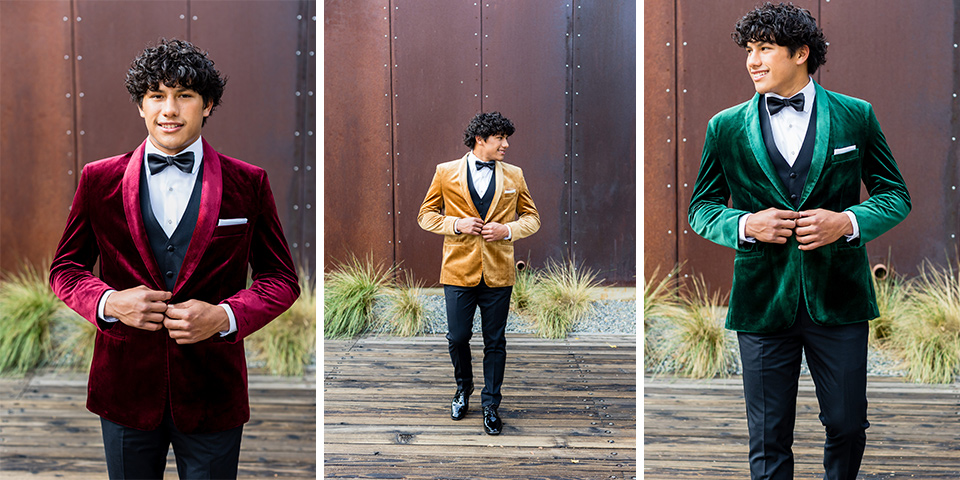  prom 2024 outfits, velvet tuxedos is various colors 