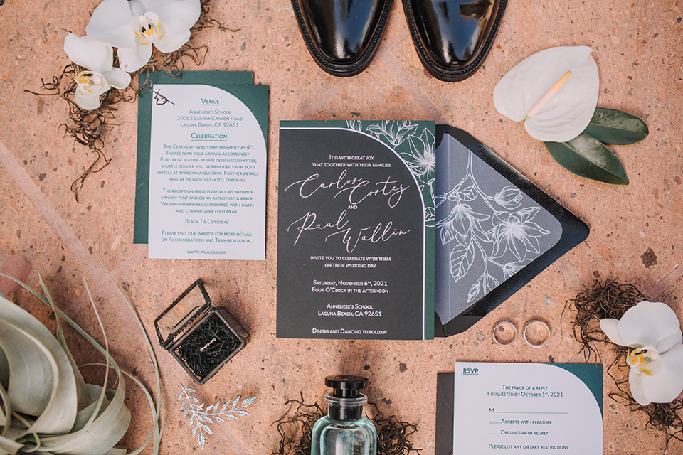  moody black and green wedding with neutral accents - invitations 